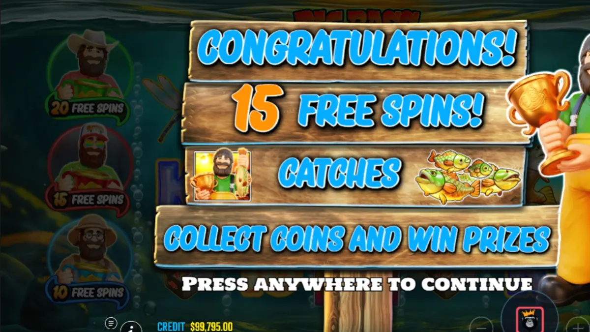 Tangkapan layar permainan slot Big Bass Trophy Catch dengan simbol memancing dan nelayan.