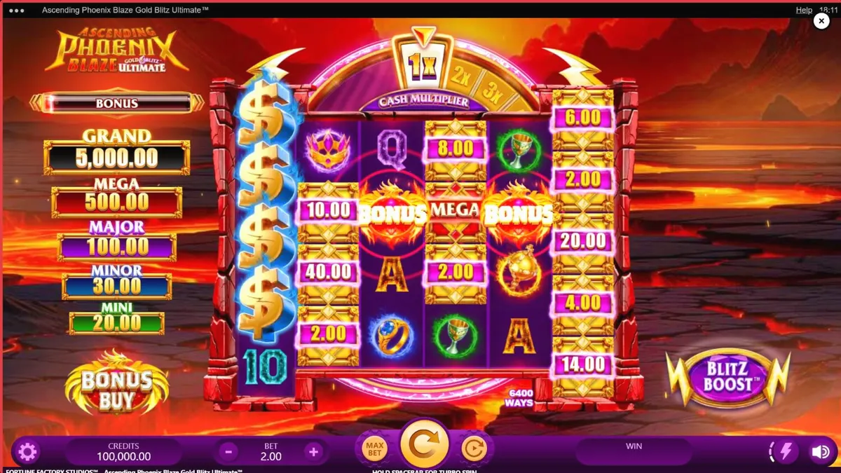 Visual estetik slot Ascending Phoenix Blaze Gold Blitz Ultimate dengan nuansa api dan emas