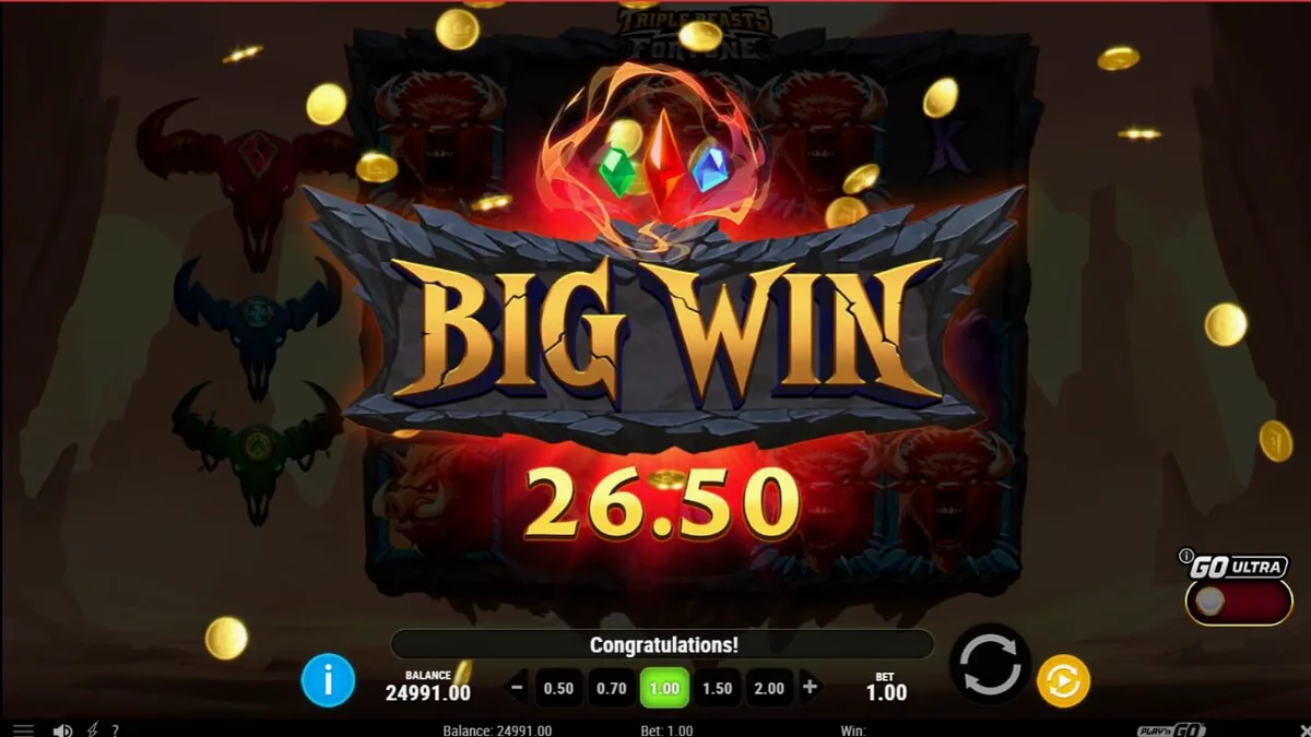 Tampilan visual slot Triple Beasts of Fortune dengan latar belakang canyon dan simbol hewan totem.